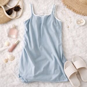 Light Blue Sleeveless Slip Dress with White Trim